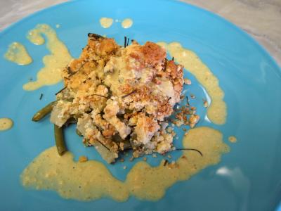 Fromages : Crumble aux haricots verts et sa crème d'ail
