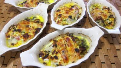plat complet : Cassolettes de roulés de saumon et jambon aux endives