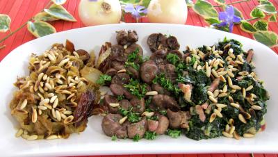 plat complet : Plat de compotée d'oignons et d'épinards et son rognon de veau
