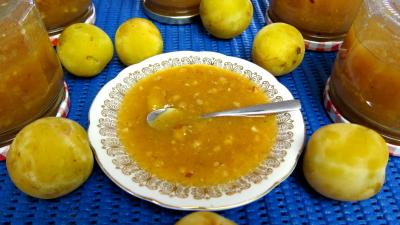 Image : Coupelle de compote de prunes blanches aux noisettes