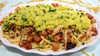 tagliatelle : Grand plat de maccheroni au poulet, navets et coulis de courgette