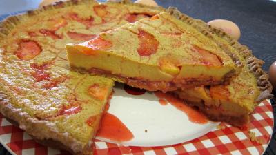 tarte : Tarte aux pêches aux pralines roses