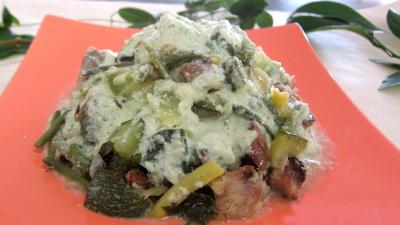 plat complet : Plat de courgette spaghettis au coulis de pignons de pin