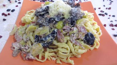 Cuisson à la casserole : Assiette de tagliatelle au jambon et champignons noirs