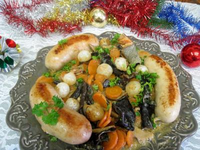 Image : Assiette de boudins blancs aux champignons et aux chiitakes