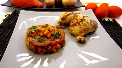 Volailles et gibiers : Assiette de poulet et potiron pour Halloween