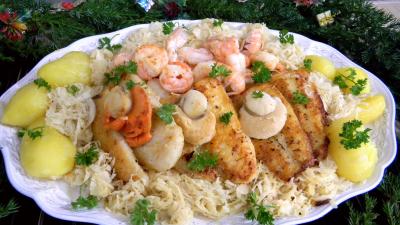 coquille saint jacques : fruits de mer, panga et choucroute